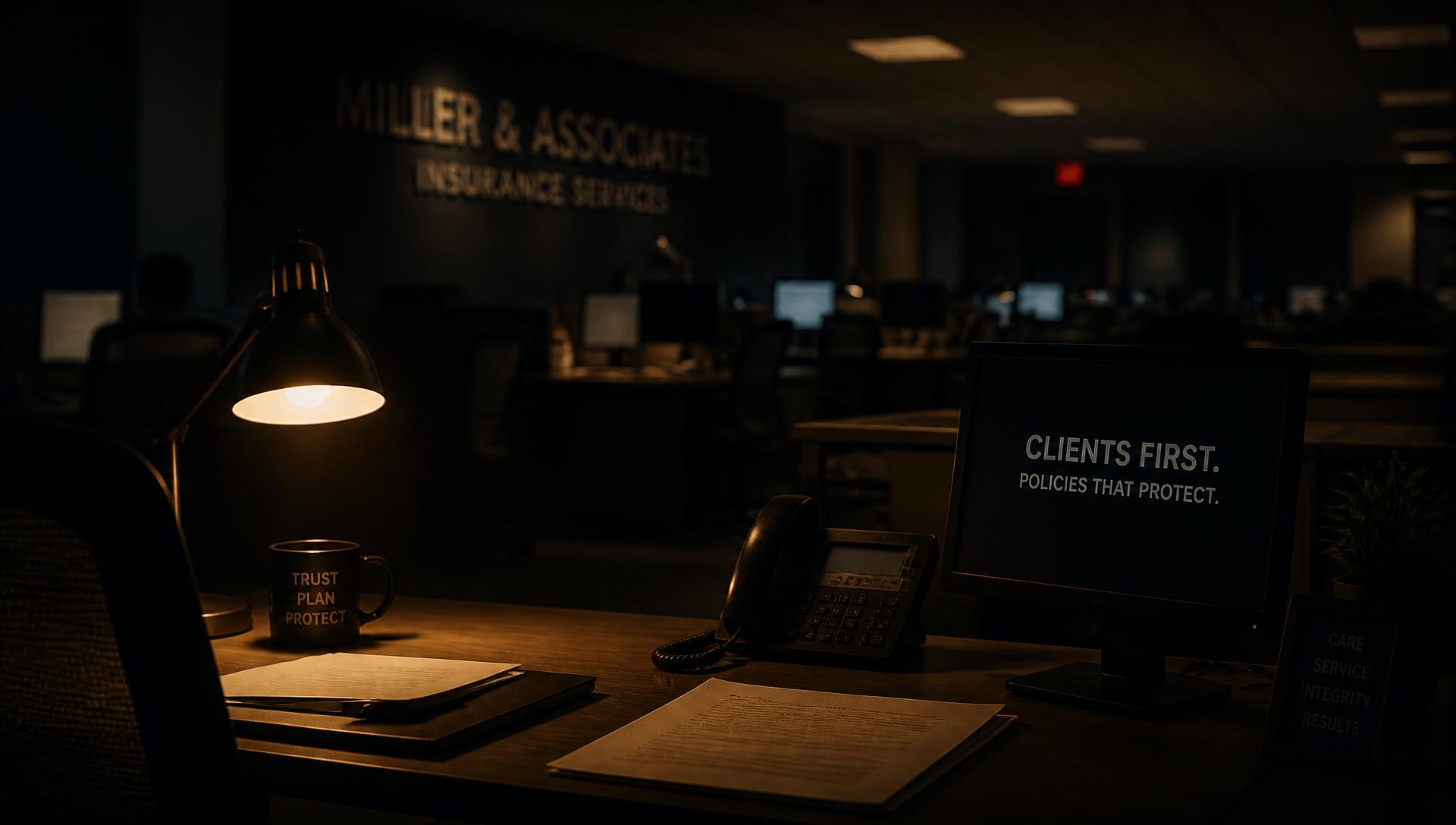 A dimly lit insurance sales floor at night with a single desk lamp glowing